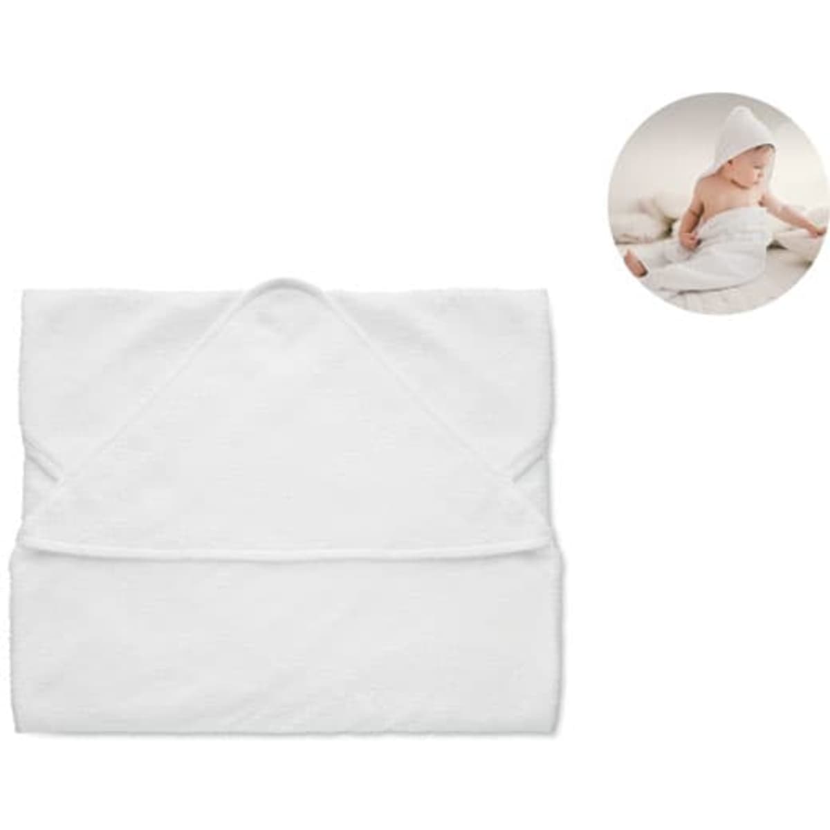 A white baby hooded towel with an attached hood, featuring a circular image of a baby wrapped in the towel.