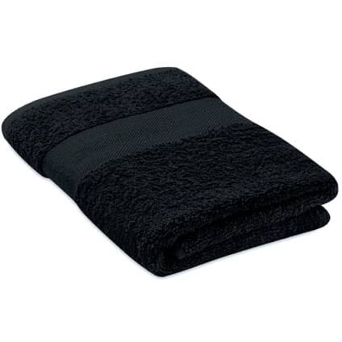 A black folded towel with a textured band. The towel features a simple, elegant design.