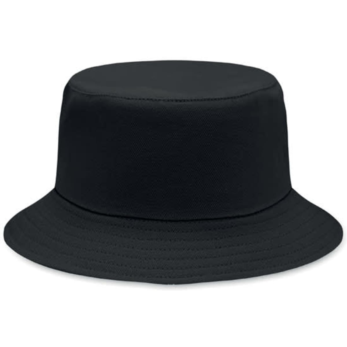 A black bucket hat with a flat crown and wide brim, featuring a textured fabric.