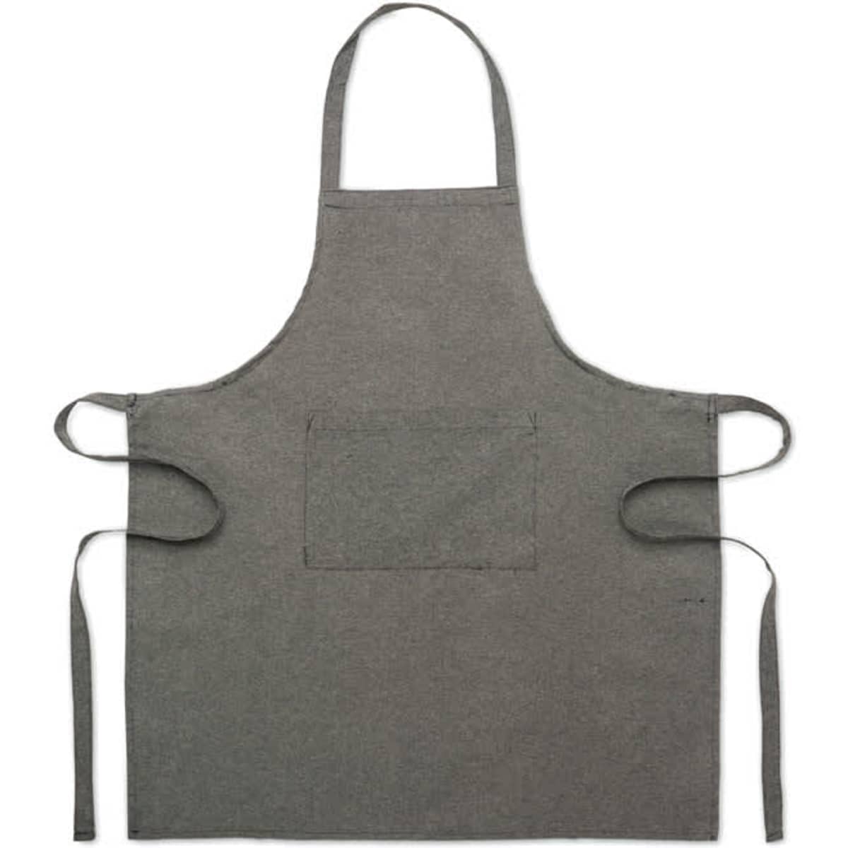 A grey apron with a front pocket and adjustable ties, featuring a simple design. It has a branding logo on it.