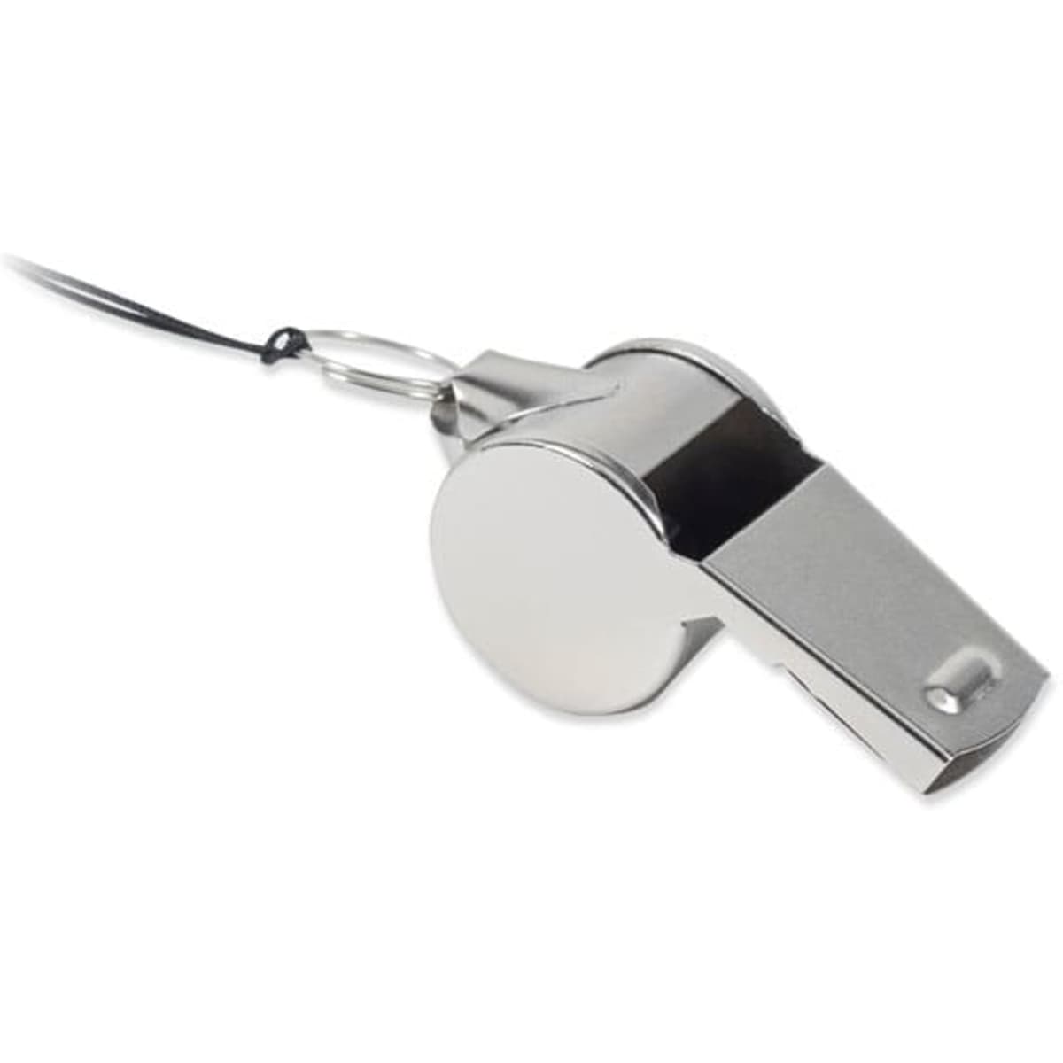 A silver whistle with a textured surface, attached to a black lanyard for easy carrying.