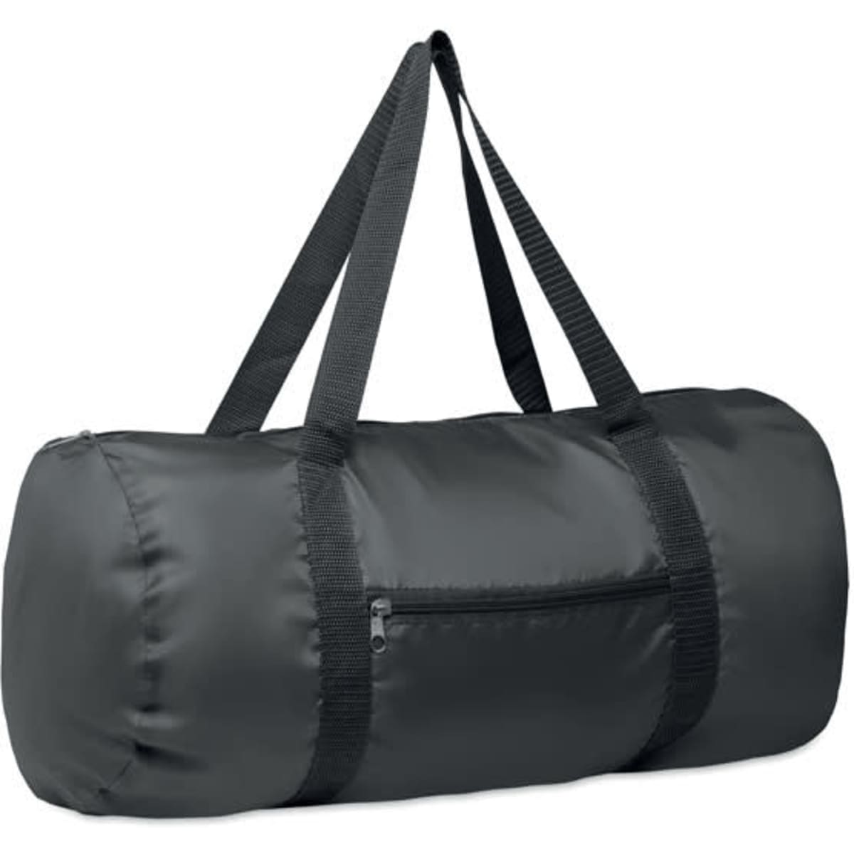 A black duffel bag with sturdy straps and a zippered pocket, designed for storage and transport.