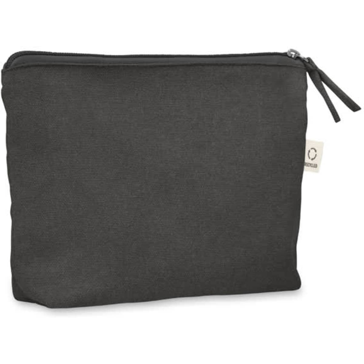 A black zippered pouch with a rectangular shape, featuring a small tag on the side and a textured fabric.