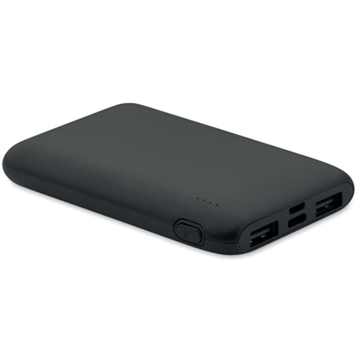 A portable power bank in black with two USB ports and a power button. It has a smooth, rounded design.