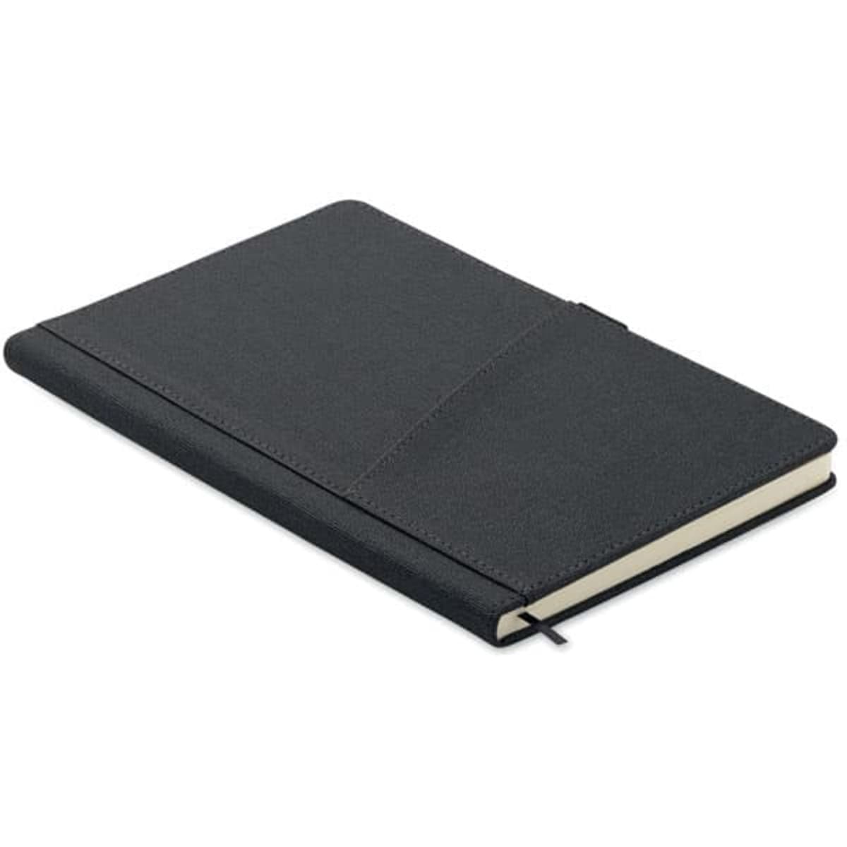 A notebook with a sleek black cover, featuring a secure closure and a ribbon bookmark.