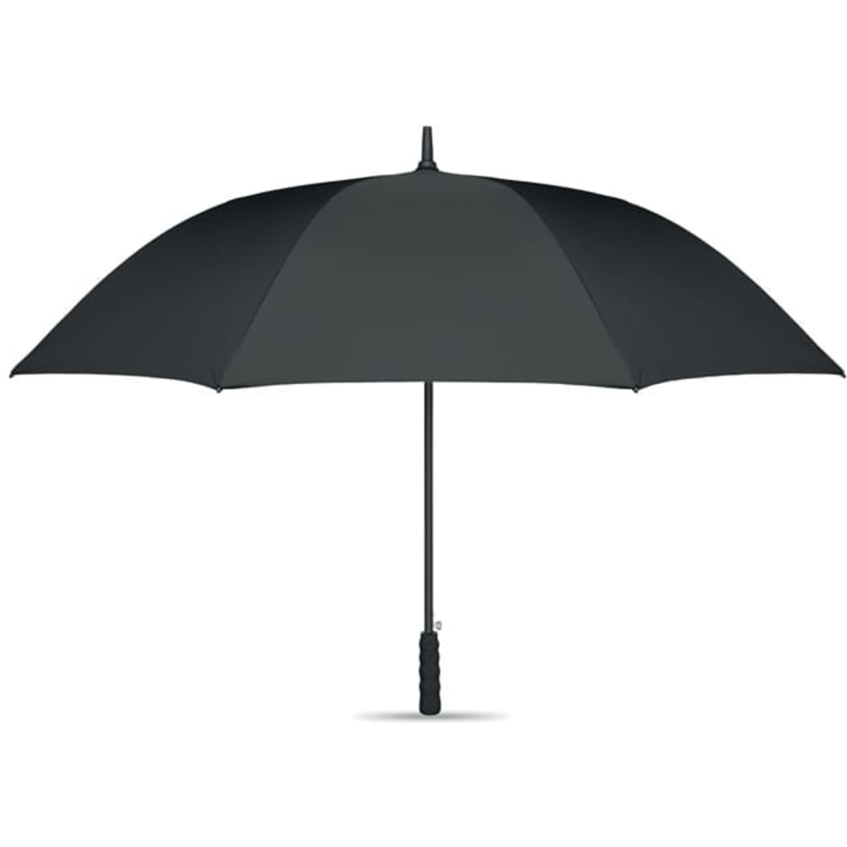 A black umbrella with a curved handle and a large canopy. It features a logo on the handle.