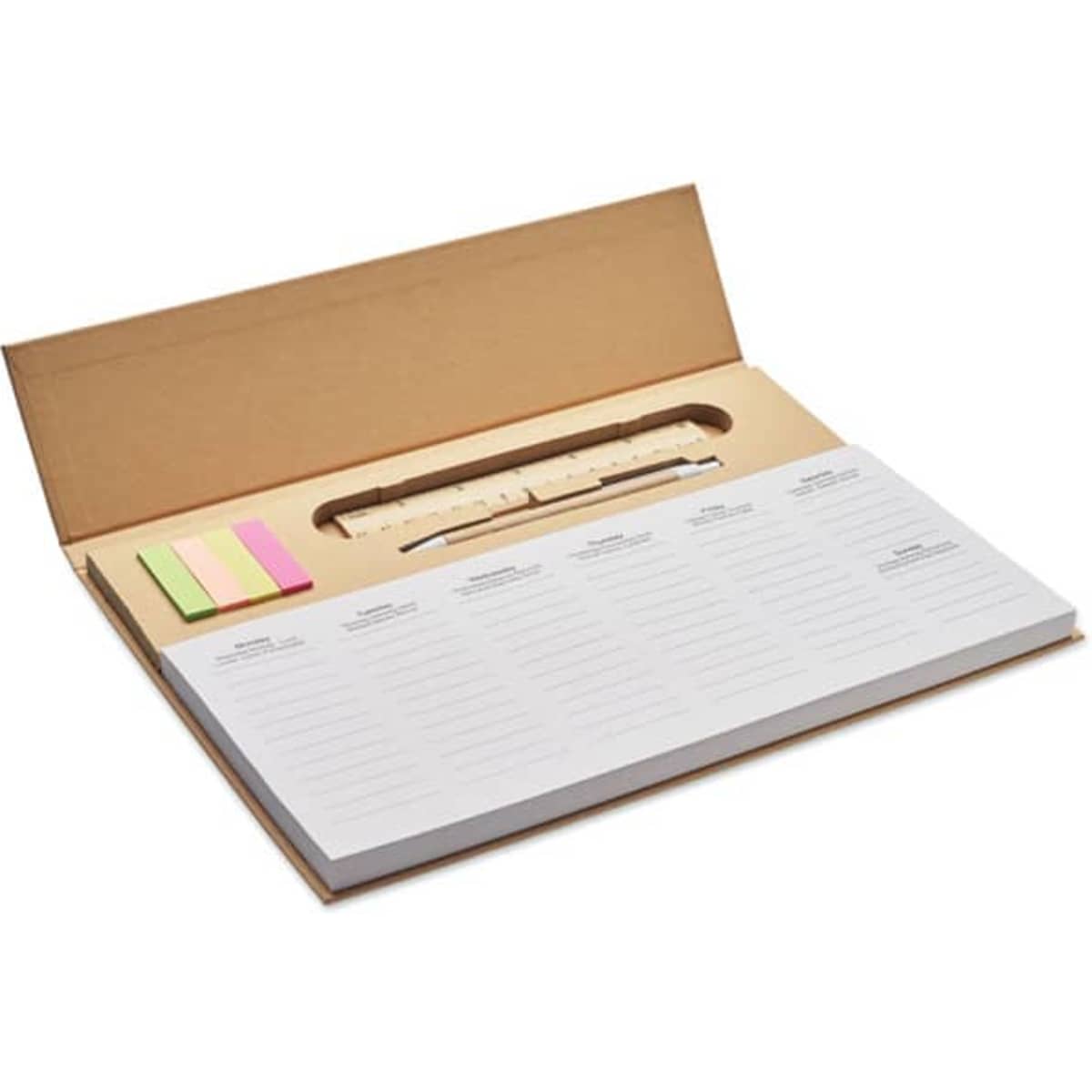A stationery set with a notepad, ruler, and colourful sticky notes, presented in a brown cardboard case.
