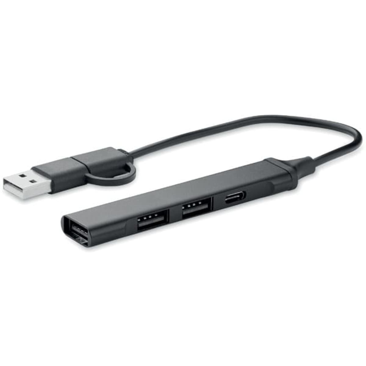 A USB hub featuring a black design with multiple USB ports and a USB-C connection.