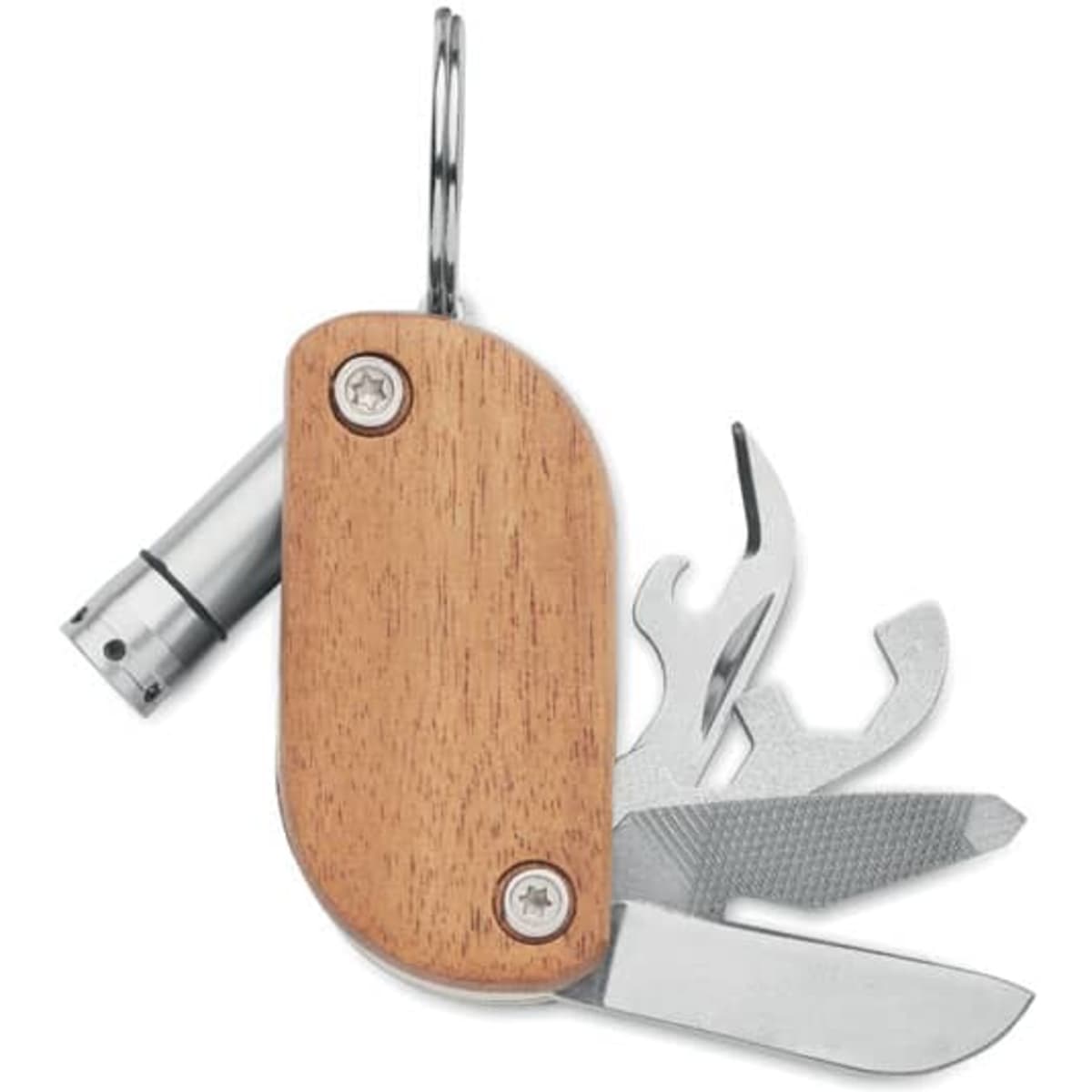 A multi-tool with a wooden handle, featuring various metal implements and a keyring attachment.