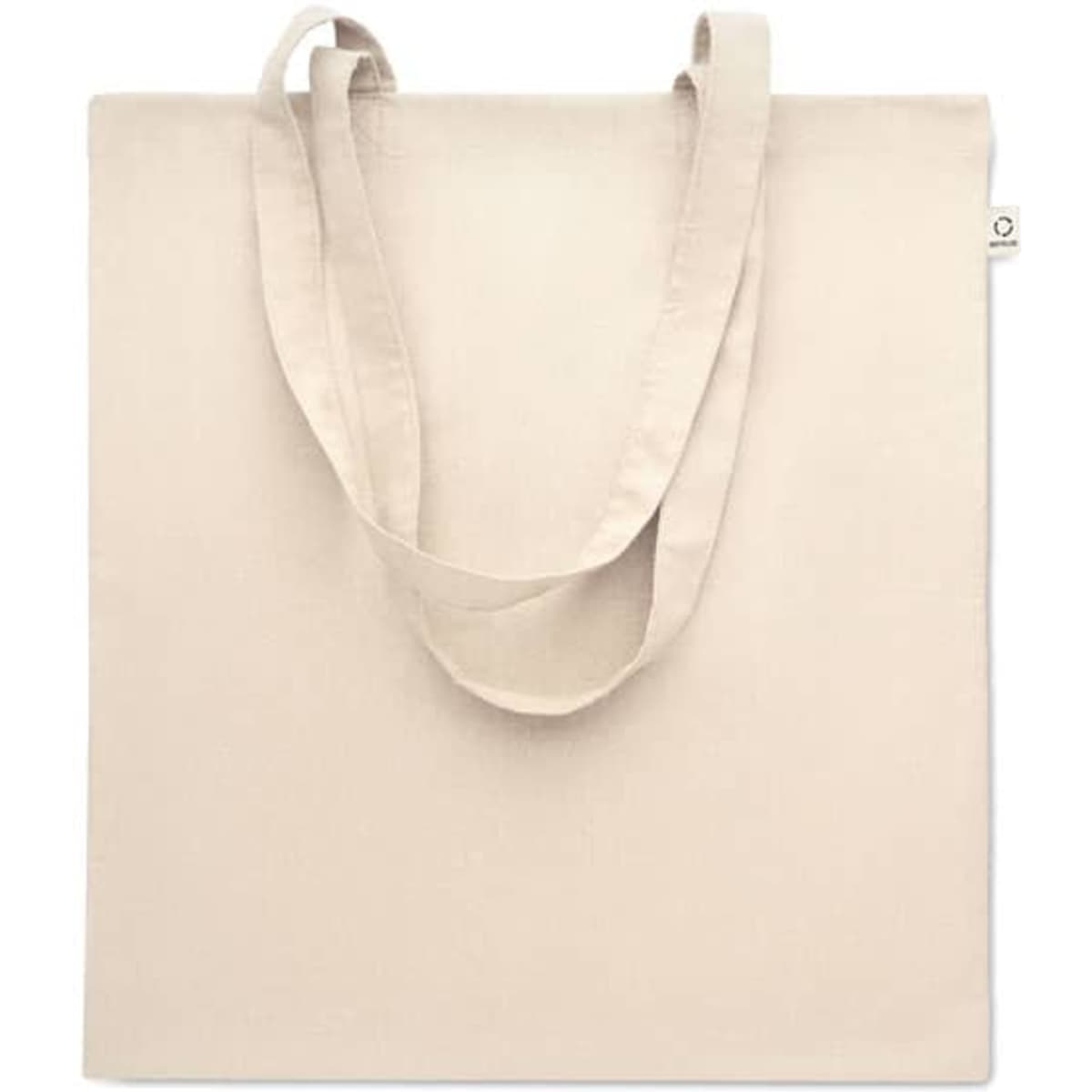 A tote bag in a light beige colour with long handles and a simple design. It features a branding label.