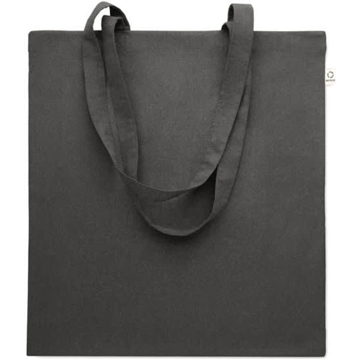 A tote bag in grey with two shoulder straps and a simple design. It has a logo in one corner.