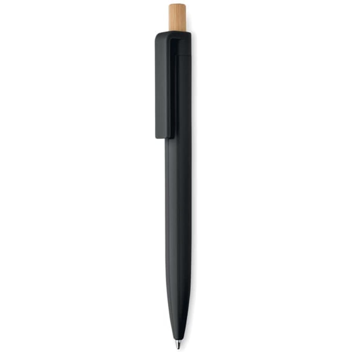 A black pen with a bamboo accent, featuring a clip and a smooth barrel design. It has a logo on the barrel.