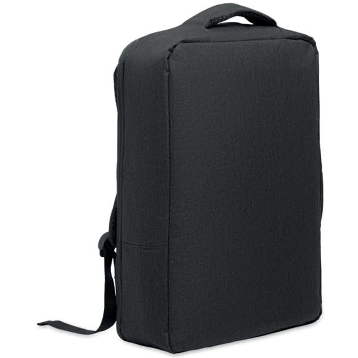 A black backpack with a rectangular shape and a top handle, featuring adjustable straps and no visible branding.