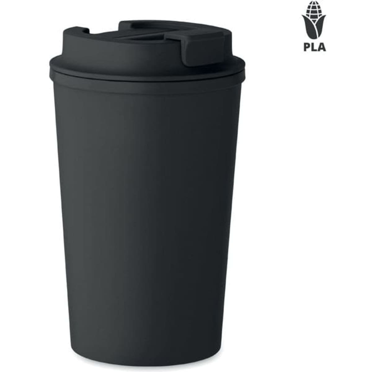 A drink bottle with a black matte finish and a secure lid, featuring a logo on the side.