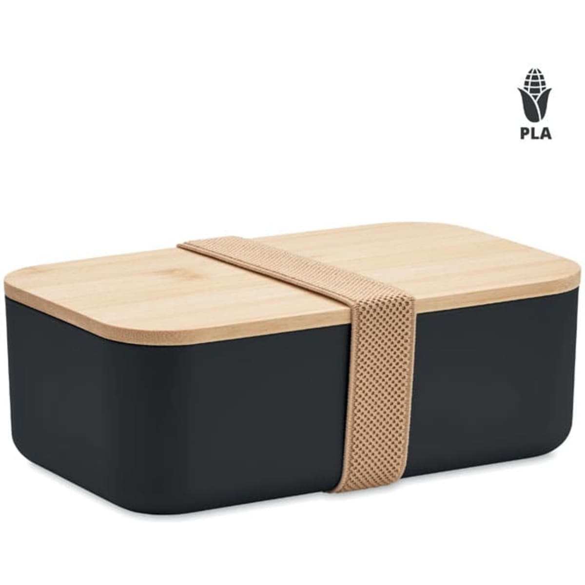 A black lunchbox with a wooden lid, secured with a beige elastic strap. It features a logo on one side.