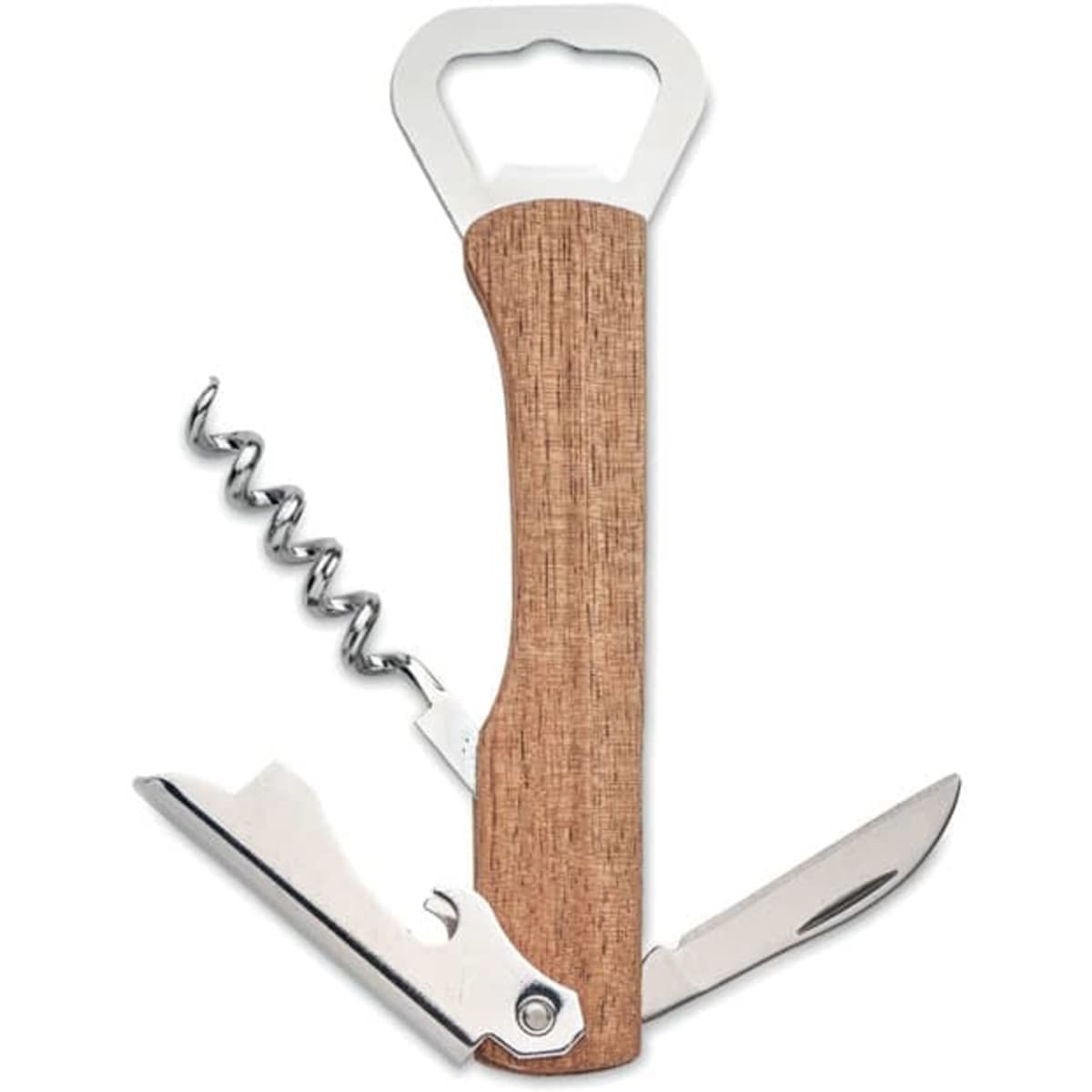 A multi-tool featuring a wooden handle, bottle opener, corkscrew, and knife blade in stainless steel.