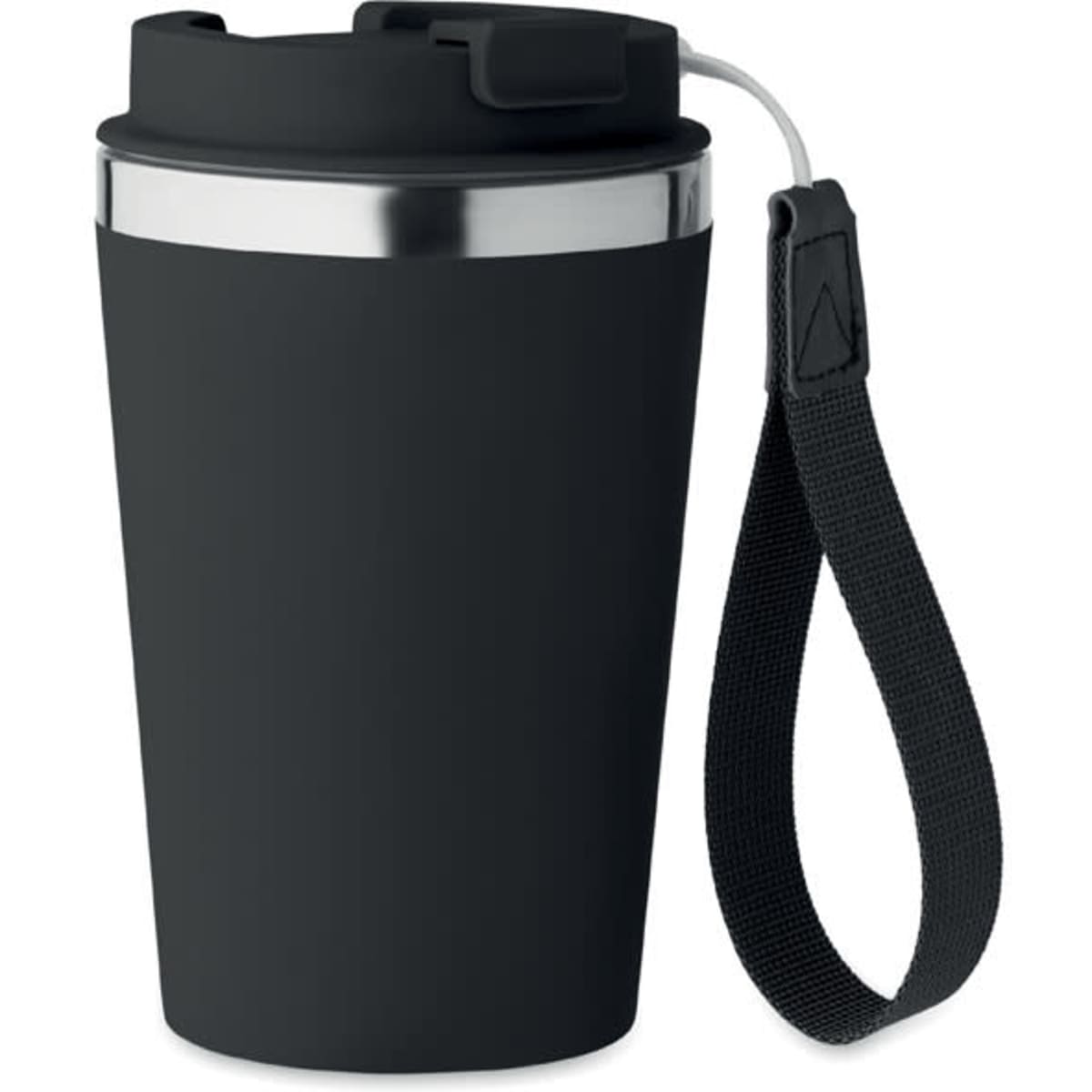 A black drink bottle with a stainless steel rim and a black strap for carrying. It features a lid with an opening.