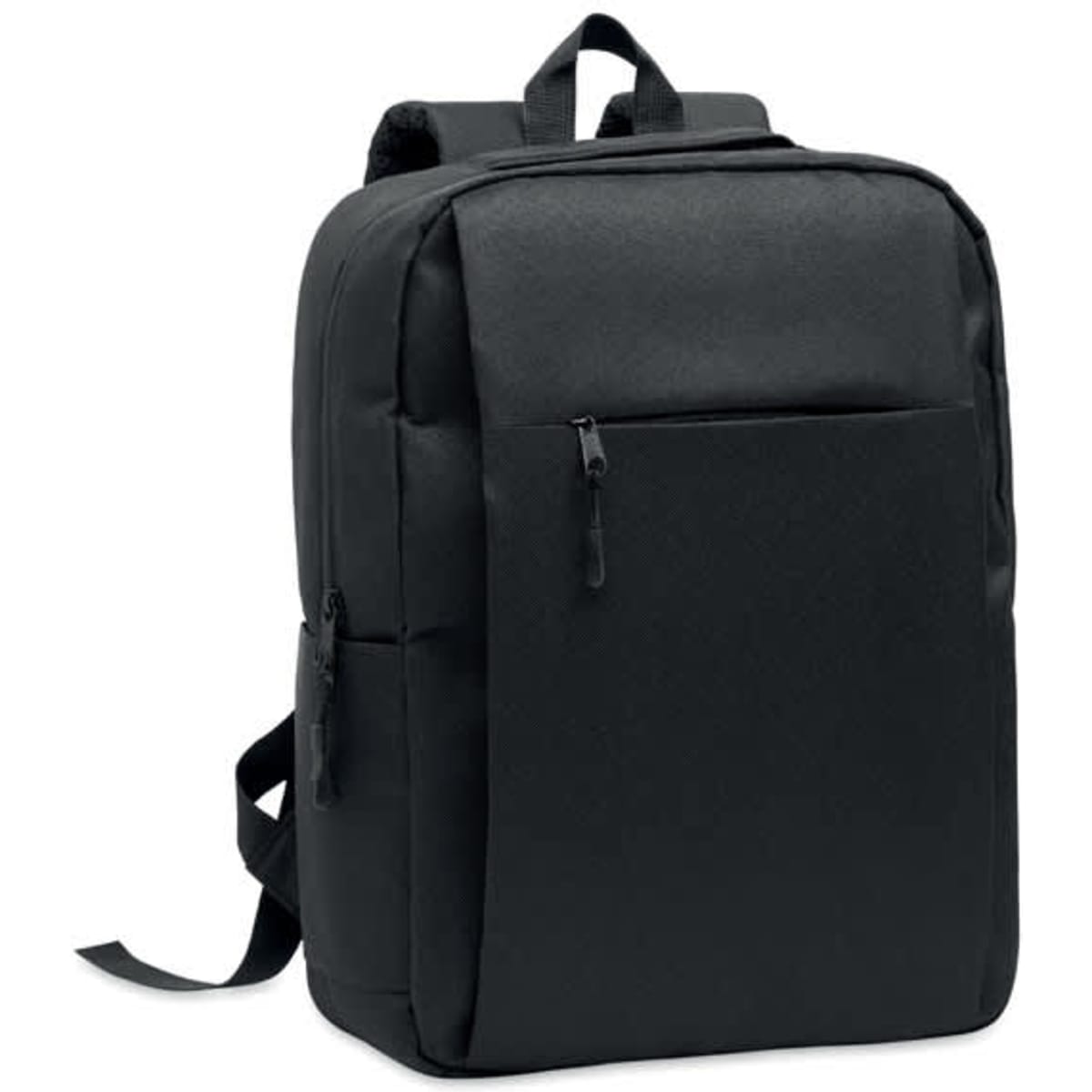 A black backpack with padded straps and multiple zippered compartments, featuring a simple, sleek design.