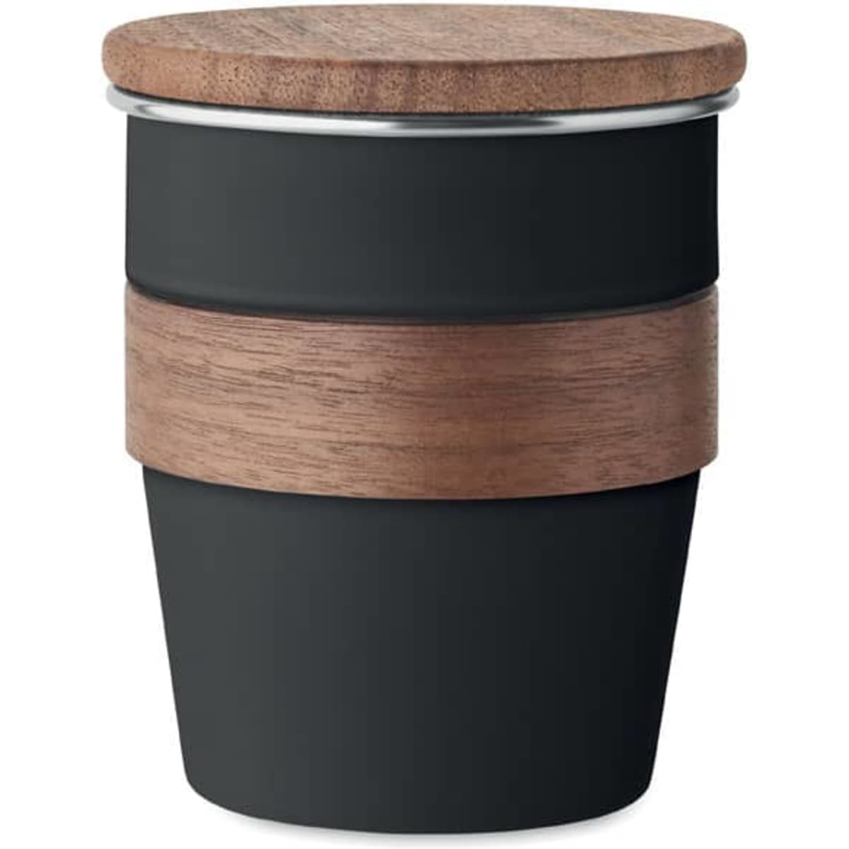 A drink bottle featuring a black body, wooden band, and a wooden lid, with a logo on the side.