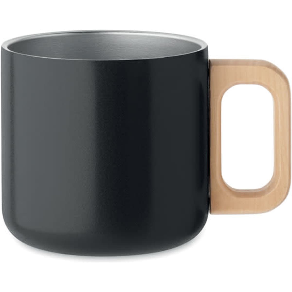 A drink bottle in sleek black with a wooden handle, featuring a minimalist design and metallic interior.