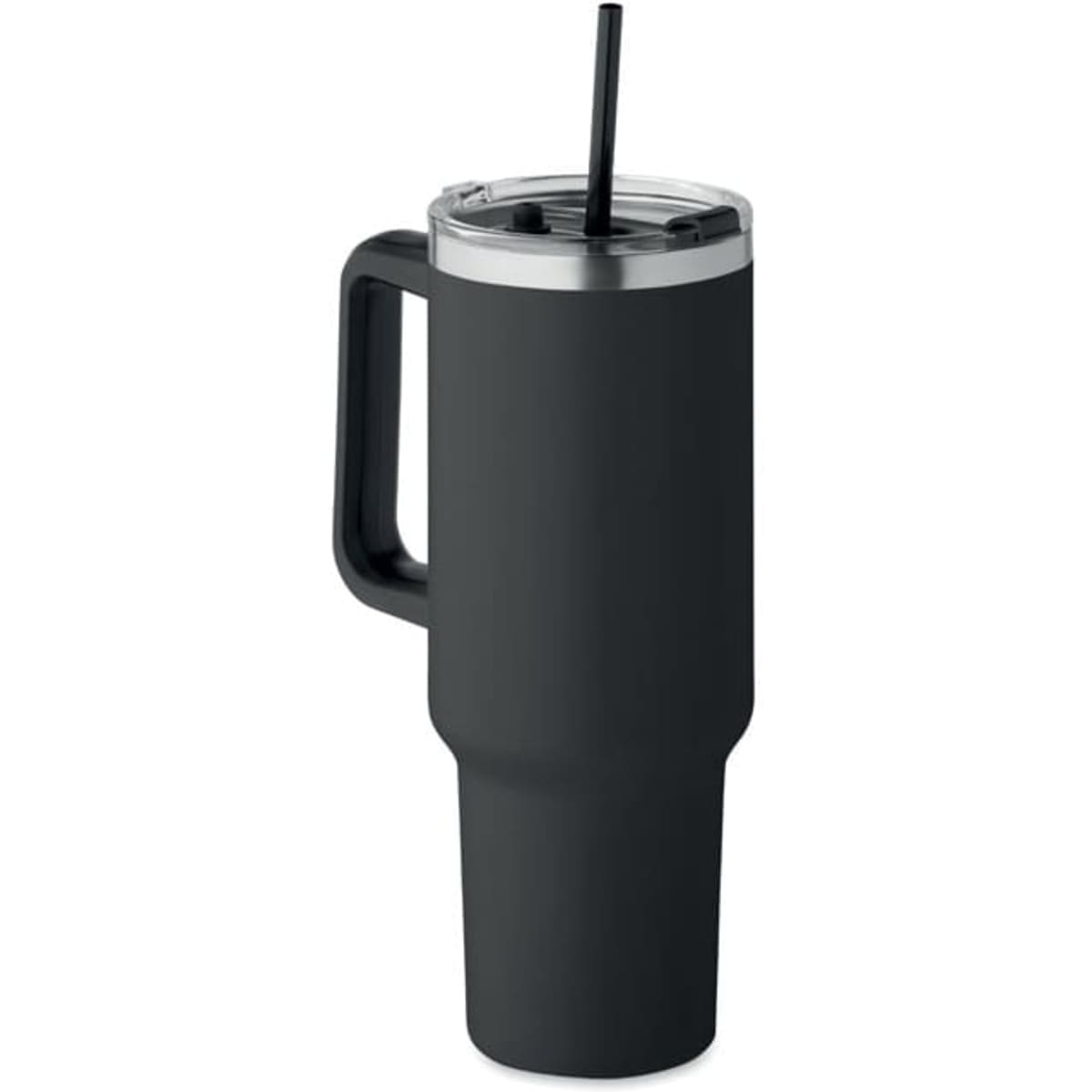 A drink bottle in matte black with a silver lid and a black straw, featuring a handle for easy grip.