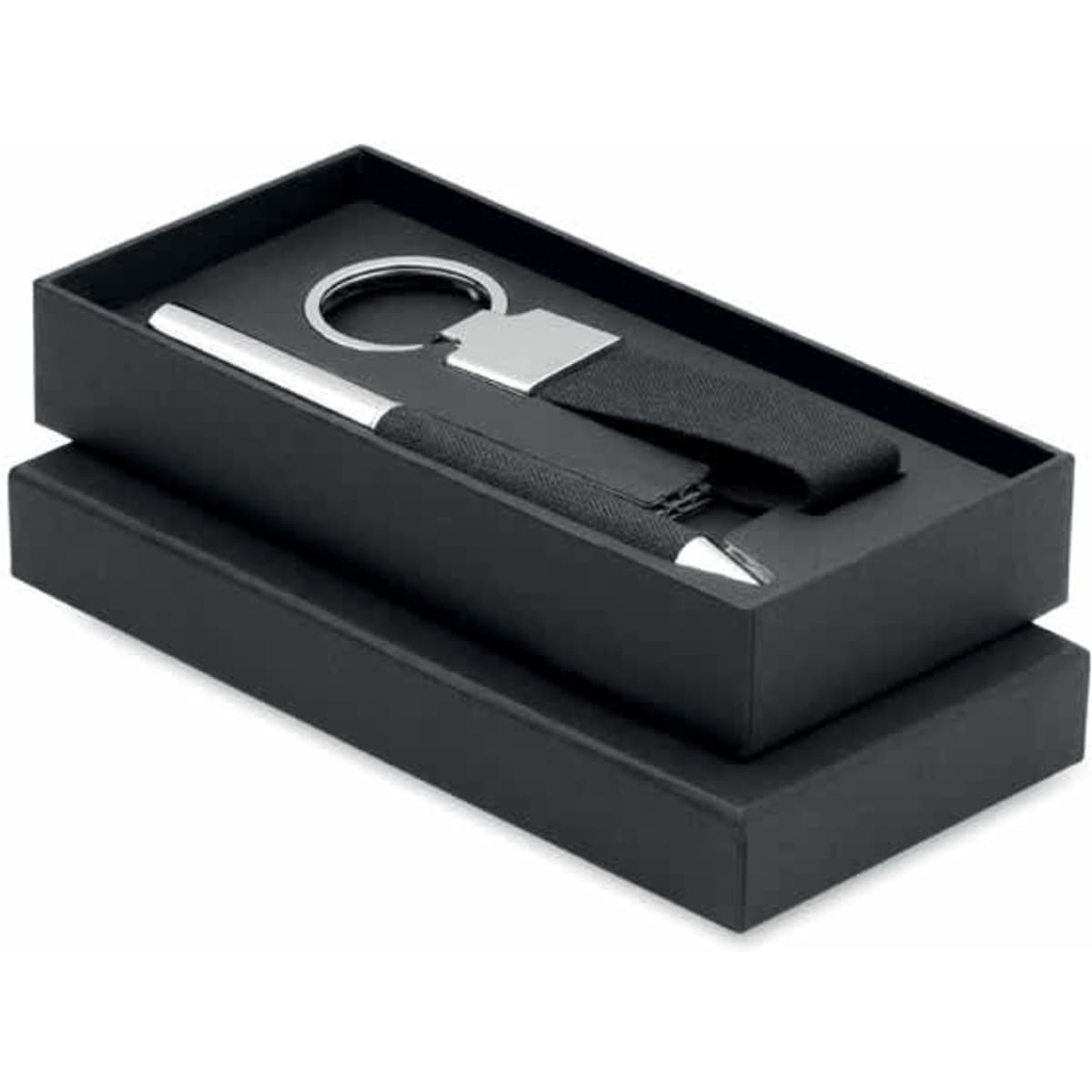 A gift box containing a silver pen, keyring, and a black strap. The box is black.