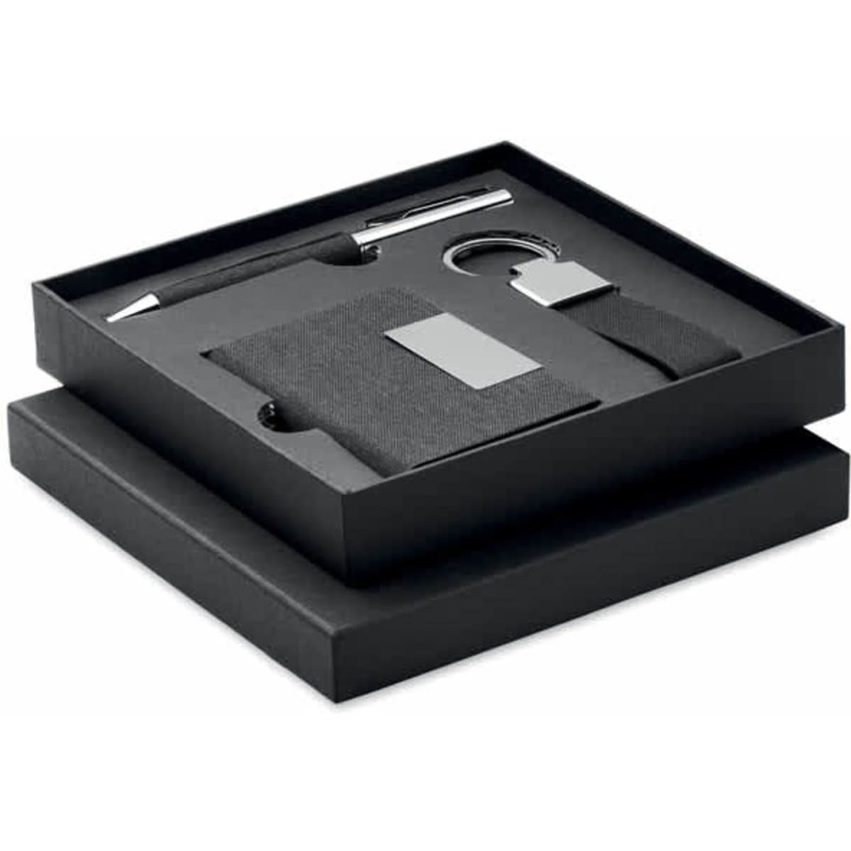 A gift set featuring a pen, keyring, and wallet, all in a sleek black presentation box.