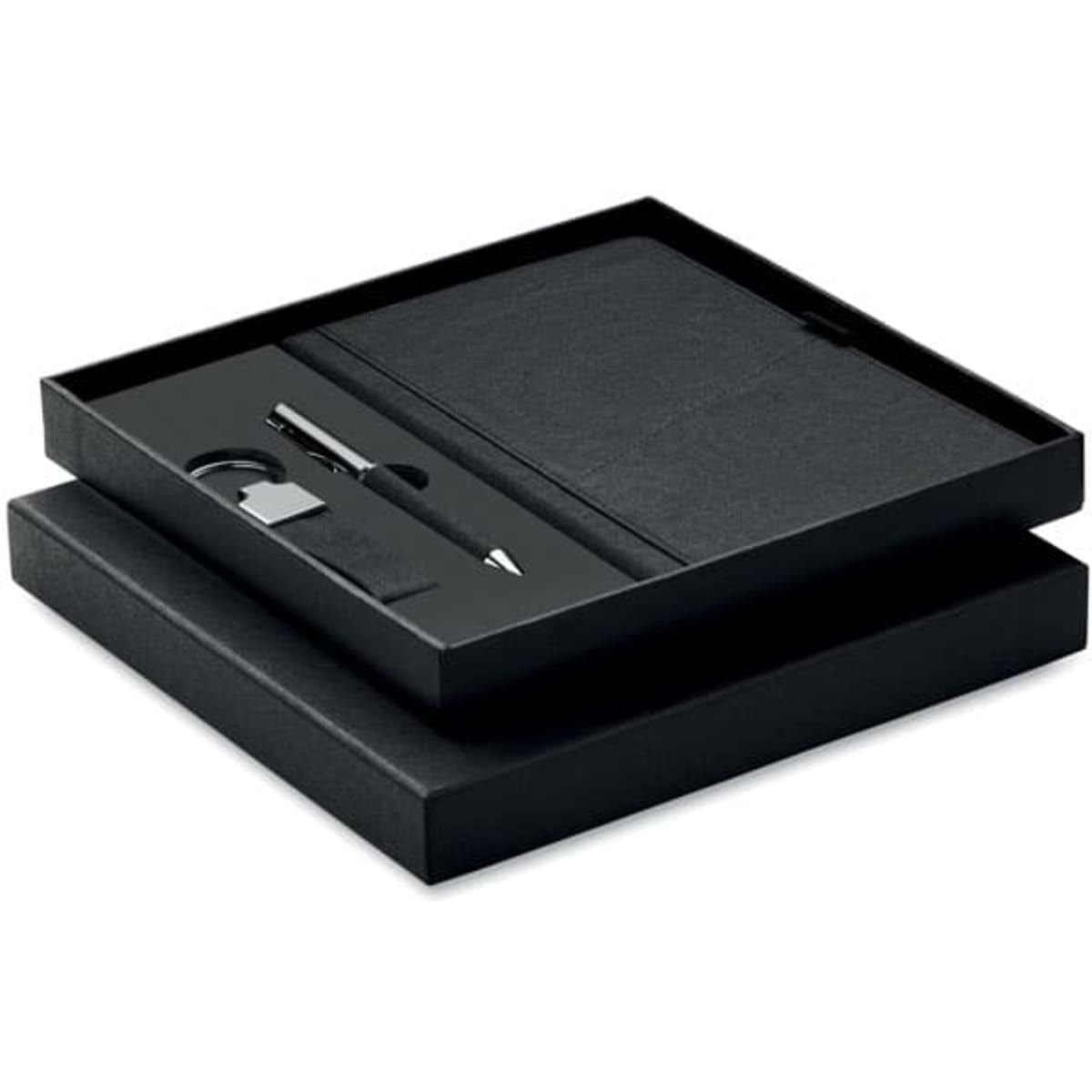 A black gift set containing a notepad, pen, and keyring, presented in a black box.