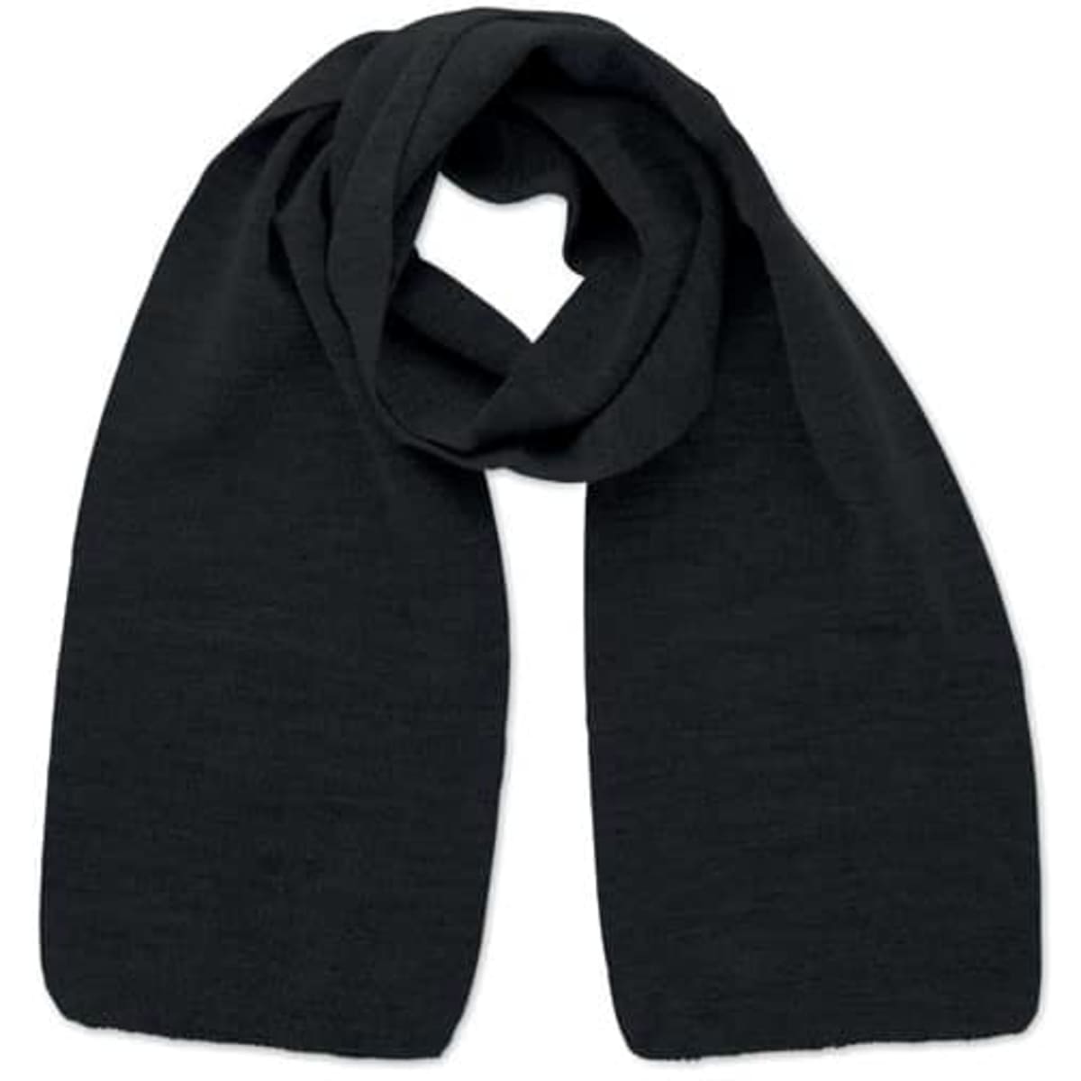 A black scarf folded elegantly with a soft texture and a simple design, featuring no logos or branding.