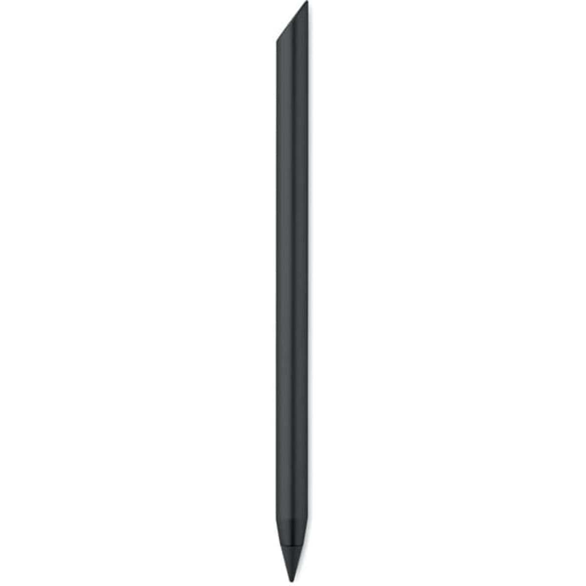 A black pen with a sleek, minimalist design, featuring a sharp point. It has a simple branding logo.