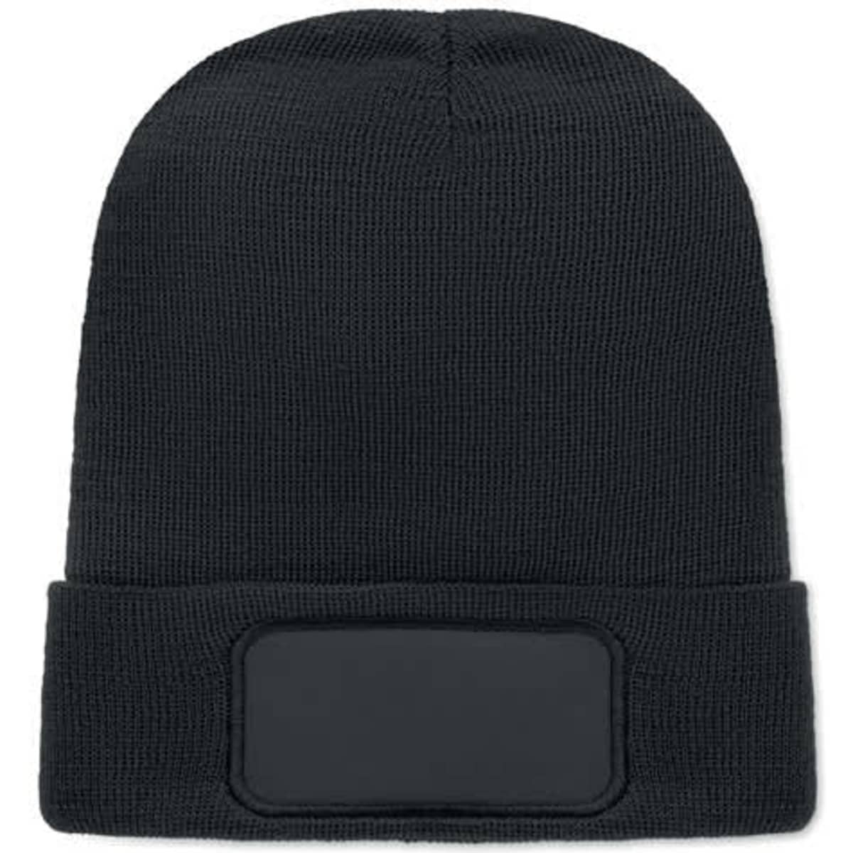 A black beanie hat with a textured knit pattern and a blank patch on the front.