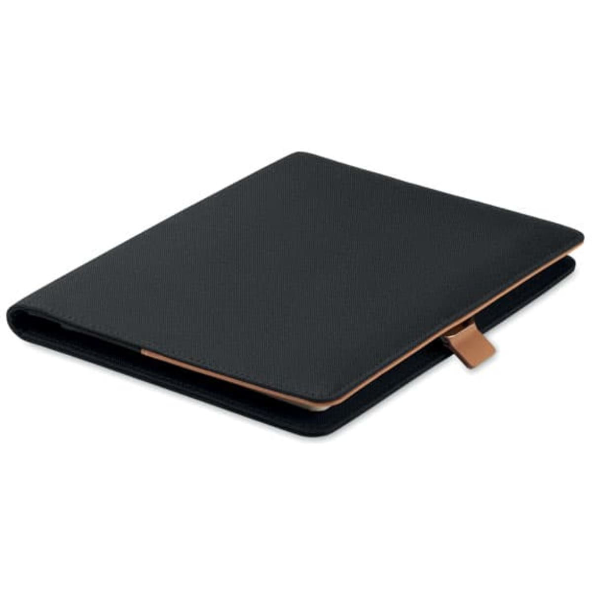 A black notebook with a textured cover and a copper-coloured toggle for closure. Features a simple design and branding.