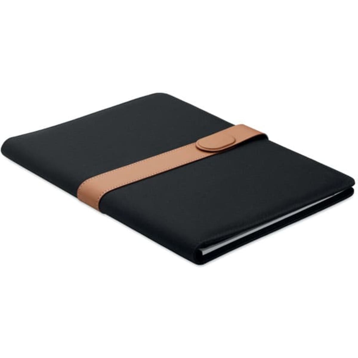 A black folder with a tan elastic band closure, featuring a textured surface and a neat design.