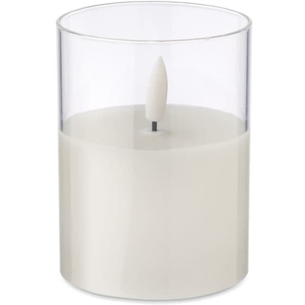 A white candle in a clear glass holder with a flame-shaped wick. The candle has a smooth surface and minimalist design.