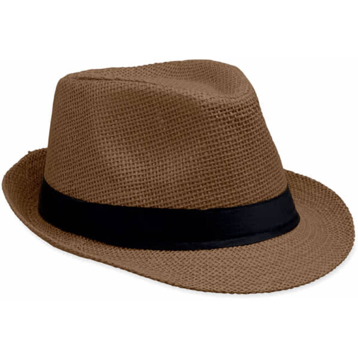 A brown fedora hat with a black band, featuring a textured woven design.