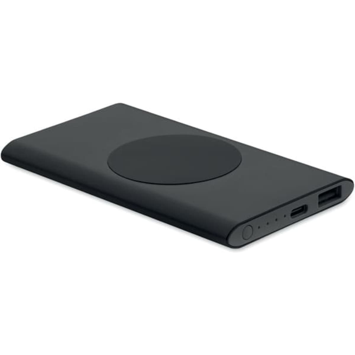 A black power bank with a circular charging pad, featuring USB-C and USB ports, plus indicator lights.