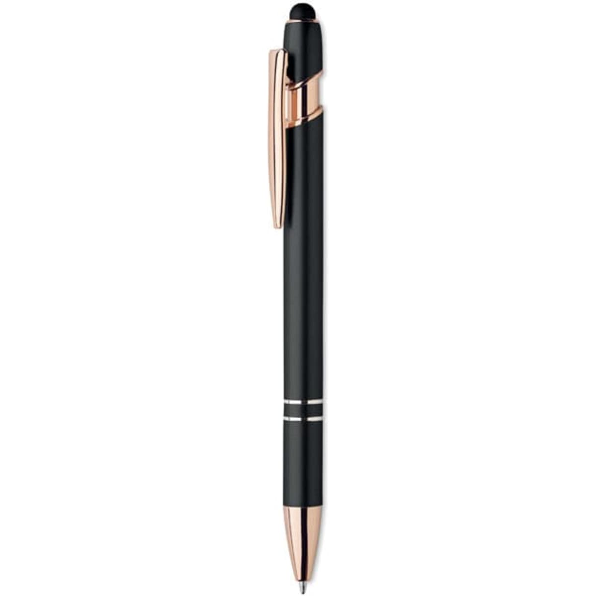 A black pen with a sleek design and rose gold accents, featuring a clip and two decorative lines.