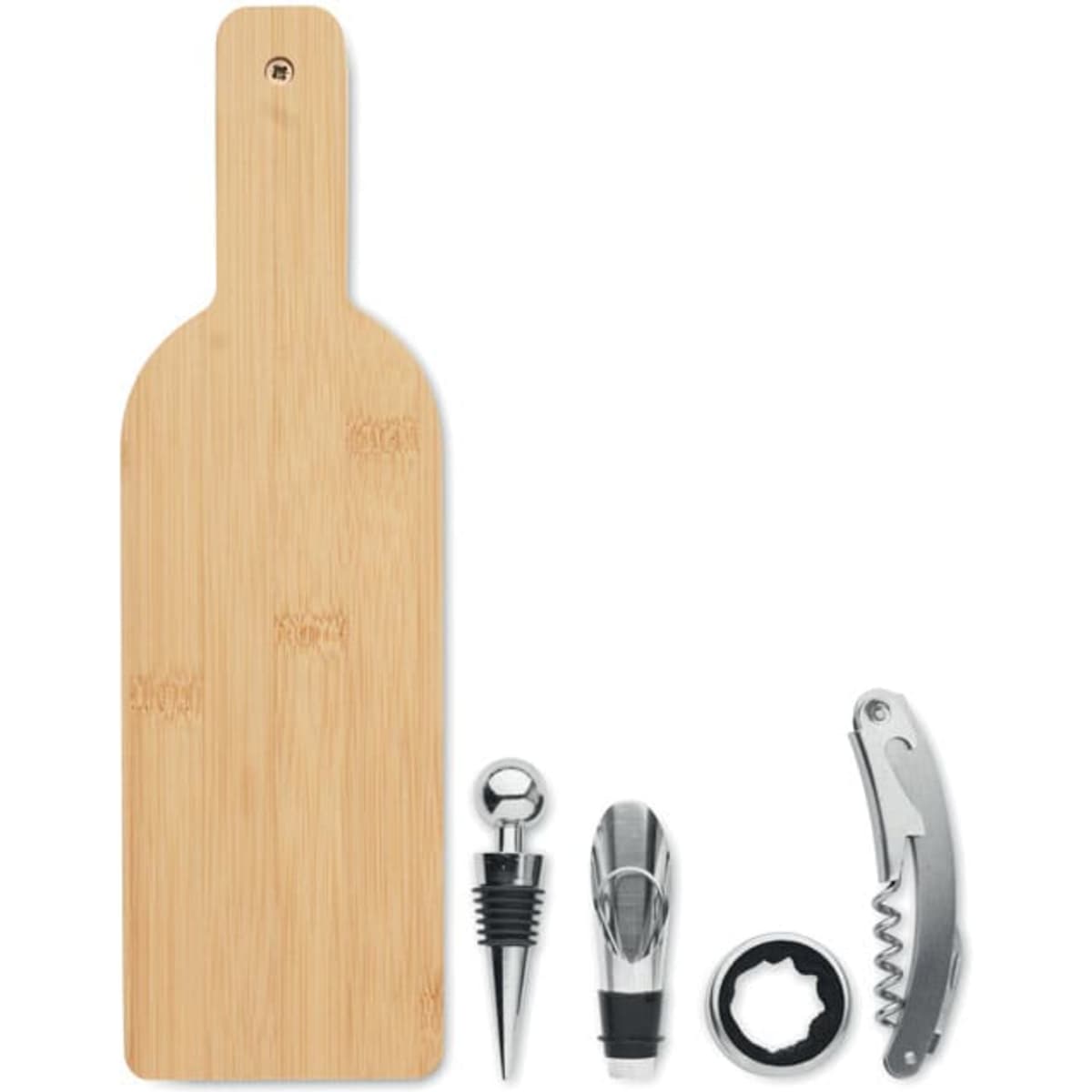 A drink bottle-shaped bamboo board with a corkscrew, a pourer, an aerator, and a bottle cap remover in silver.