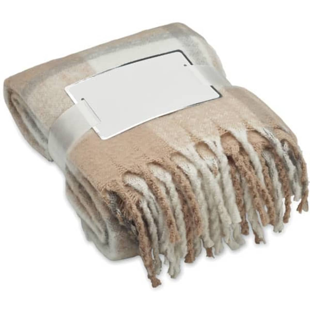 A folded blanket featuring a beige and cream pattern, secured with a ribbon and a blank label.