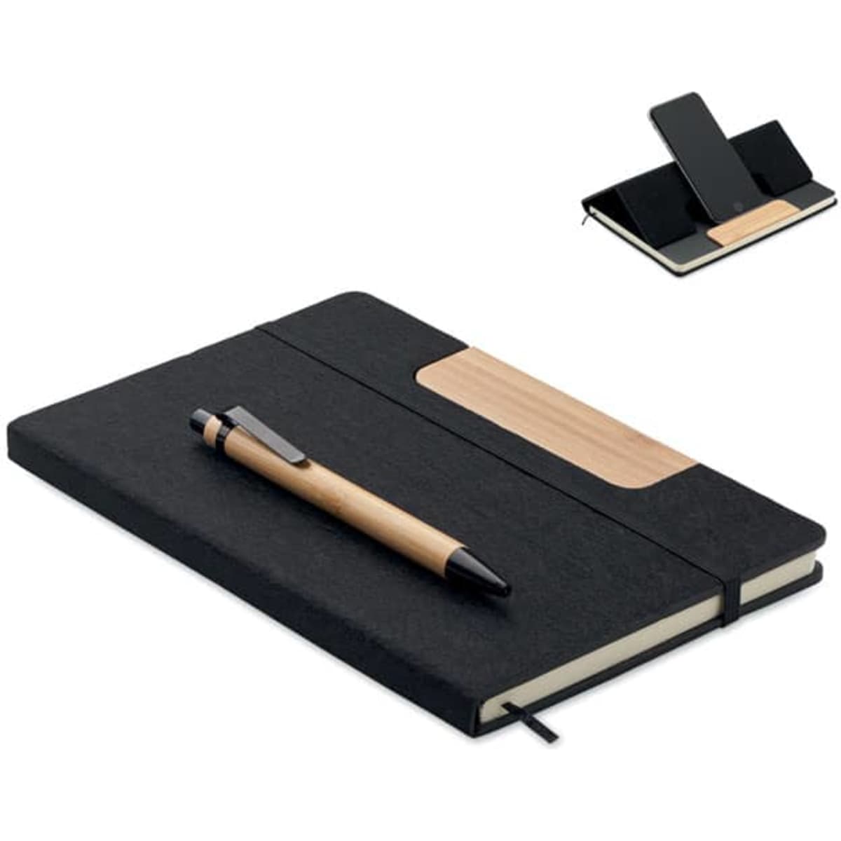 A black notebook with a wooden clip and a pen rests on top. There is a phone holder on the side.