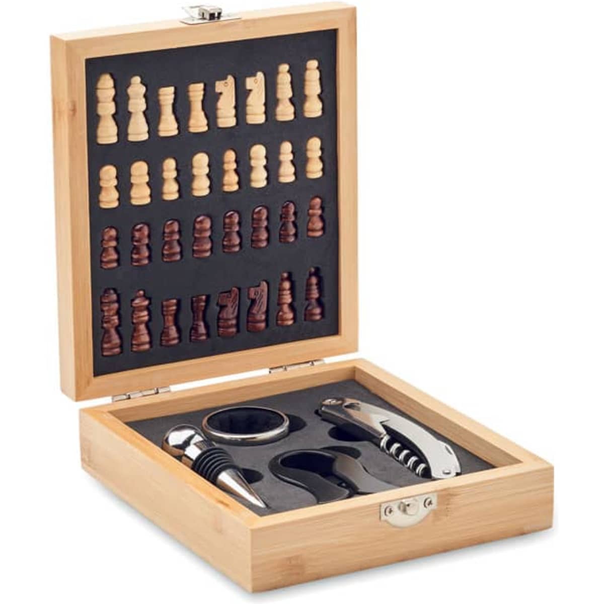 A wooden chess set in a hinged box, featuring light and dark pieces alongside wine accessories.