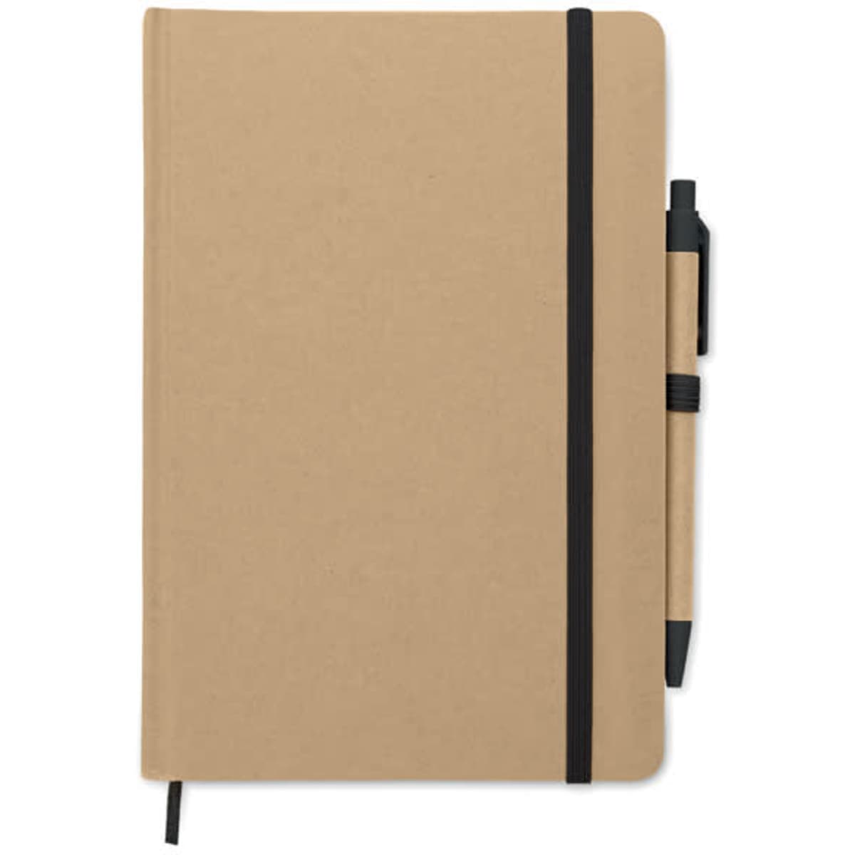 A notebook with a kraft cover and a black elastic band, accompanied by a matching pen.