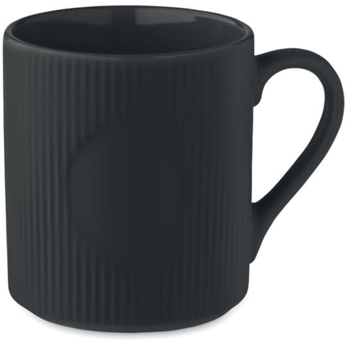 A drink mug in matte black with a ribbed texture and a curved handle.