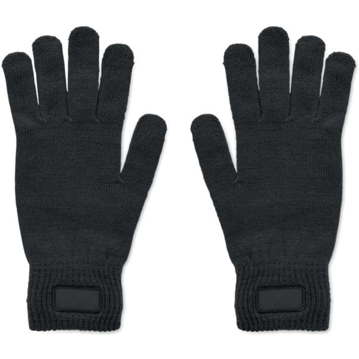A pair of black knitted gloves with a ribbed cuff, featuring an area for a logo or branding.