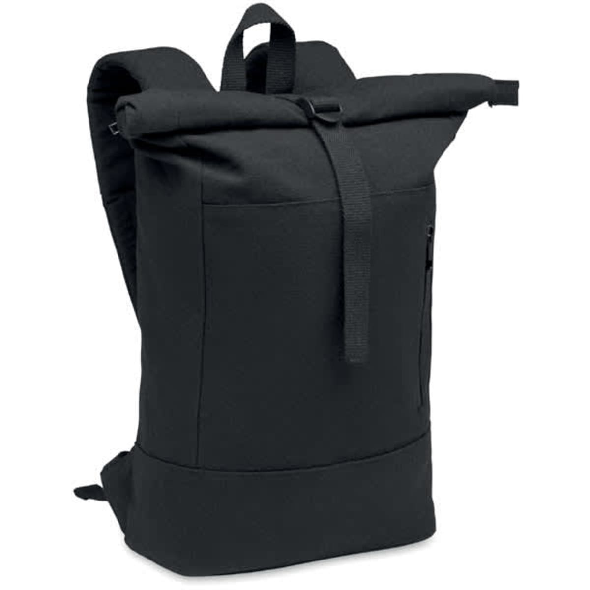 A black roll-top backpack with adjustable straps and a zippered pocket on the side. It features a simple design.