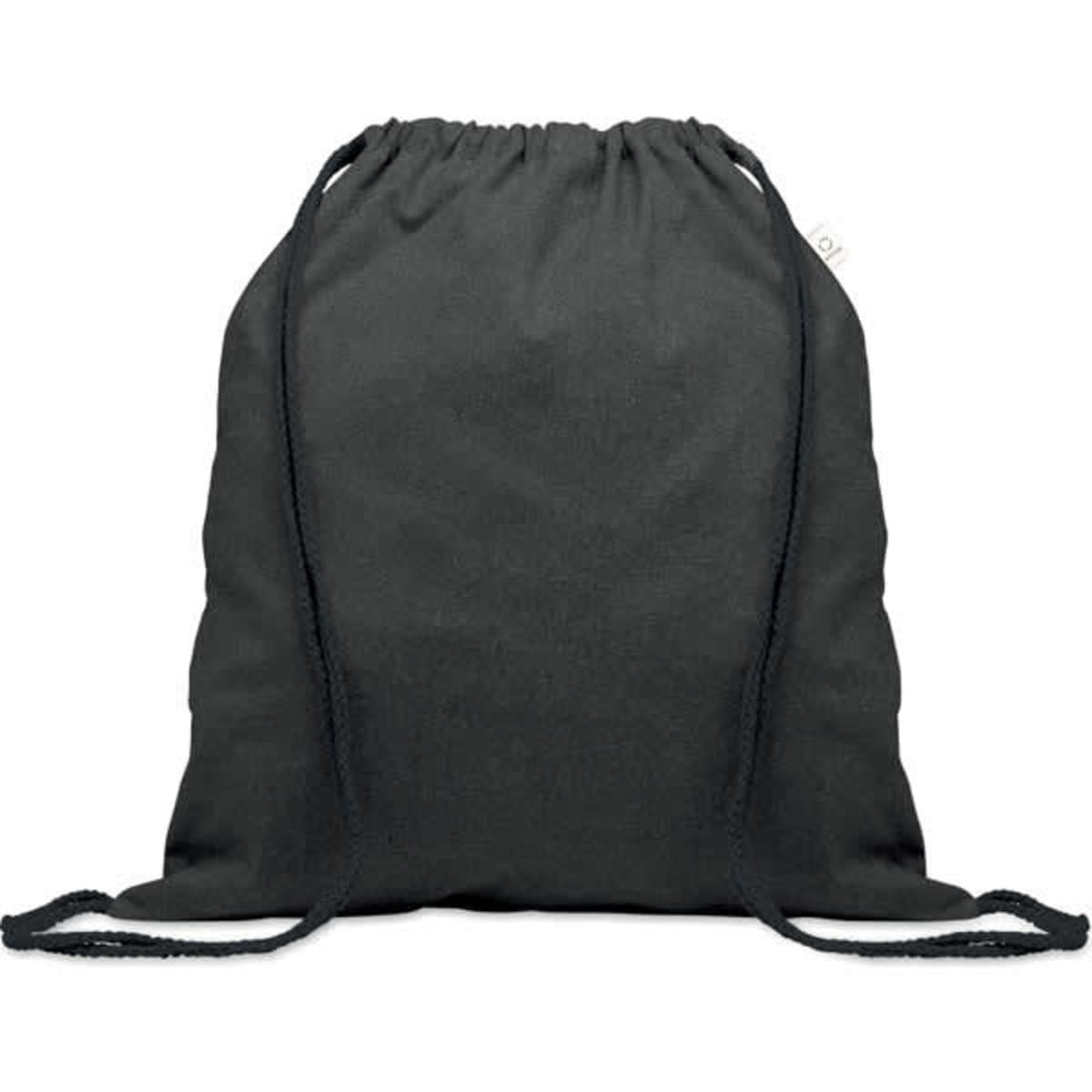 A black drawstring bag featuring two adjustable straps and a simple design. It has a tag but no visible branding.