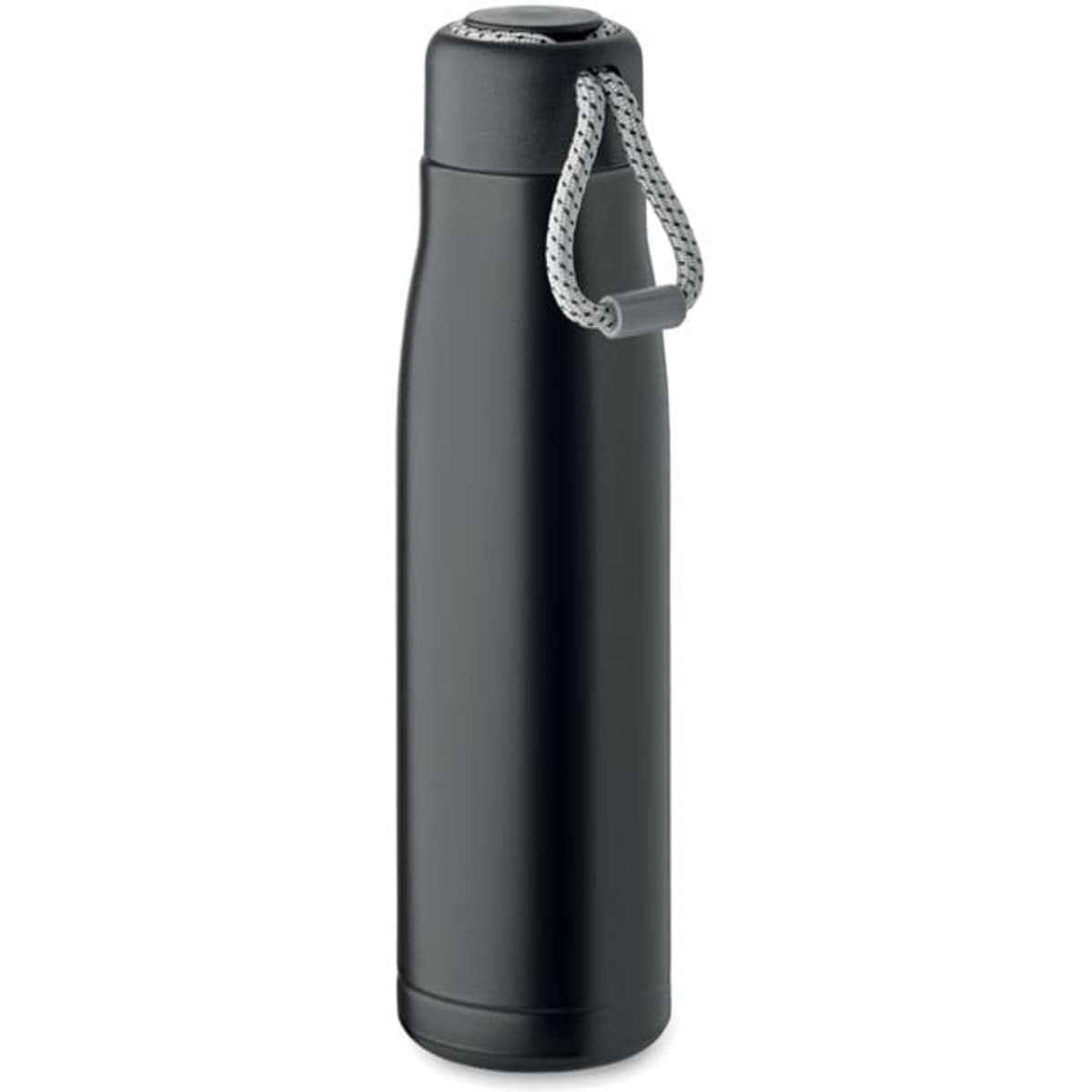 A drink bottle in sleek black with a grey carrying strap and a rounded base. It features a branding logo.