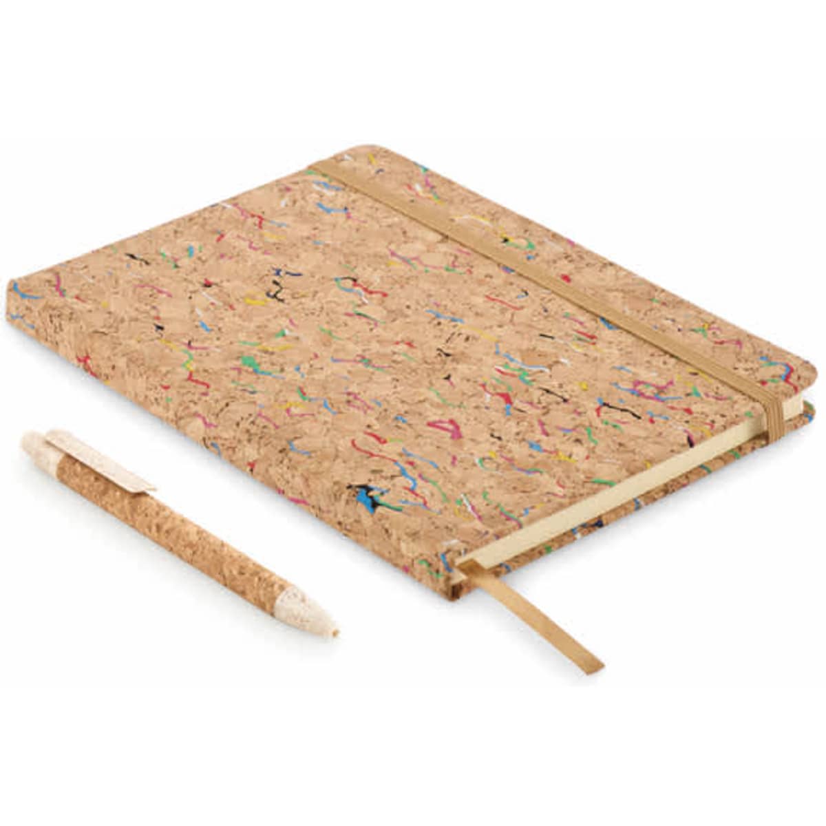 A cork notebook with colourful speckles and a matching cork pen placed beside it.
