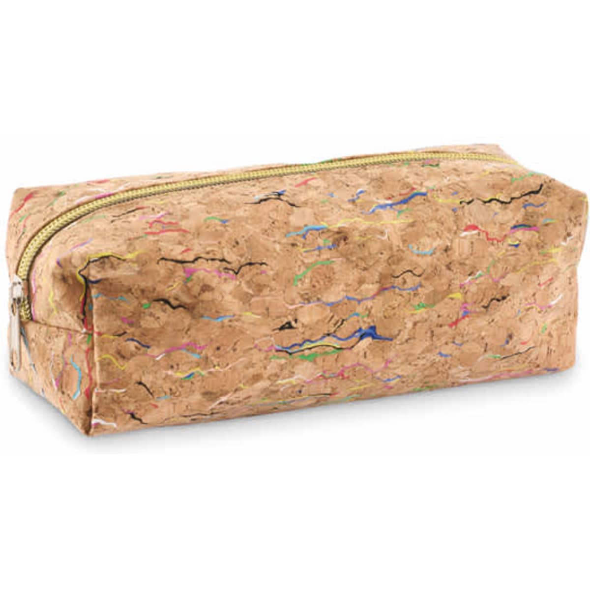 A pencil case made of cork, featuring a natural tan colour with colourful streaks throughout and a zip closure.