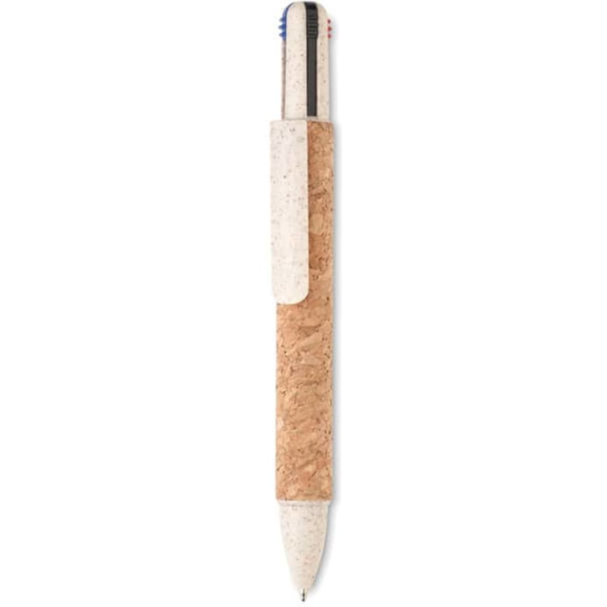 A pen featuring a cork body and a white top, with blue and red ink options. It includes a logo on the body.